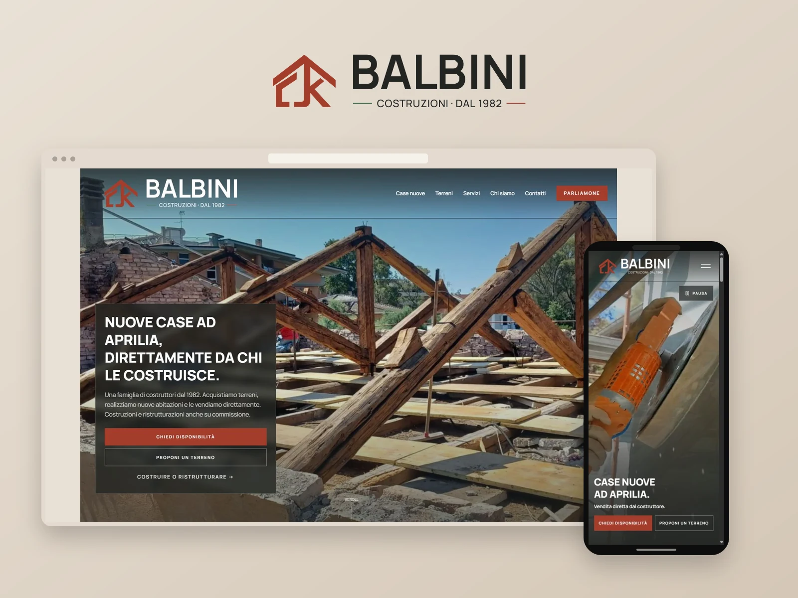 Balbini Costruzioni: mockup del sito realizzato su desktop e smartphone, con il logo originale