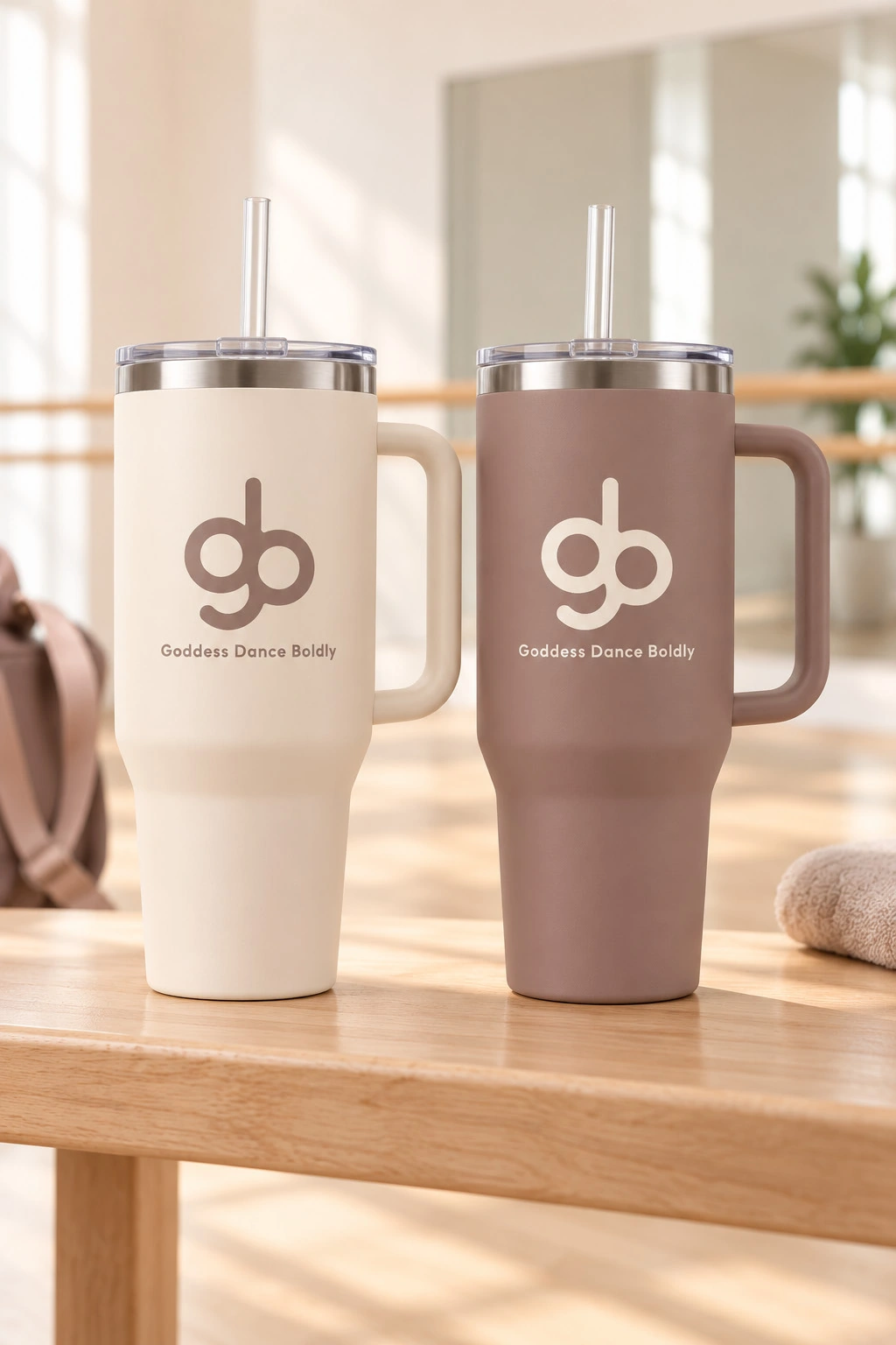 Giulia Di Bartolomeo: mockup di borracce écru e taupe con logo GDB