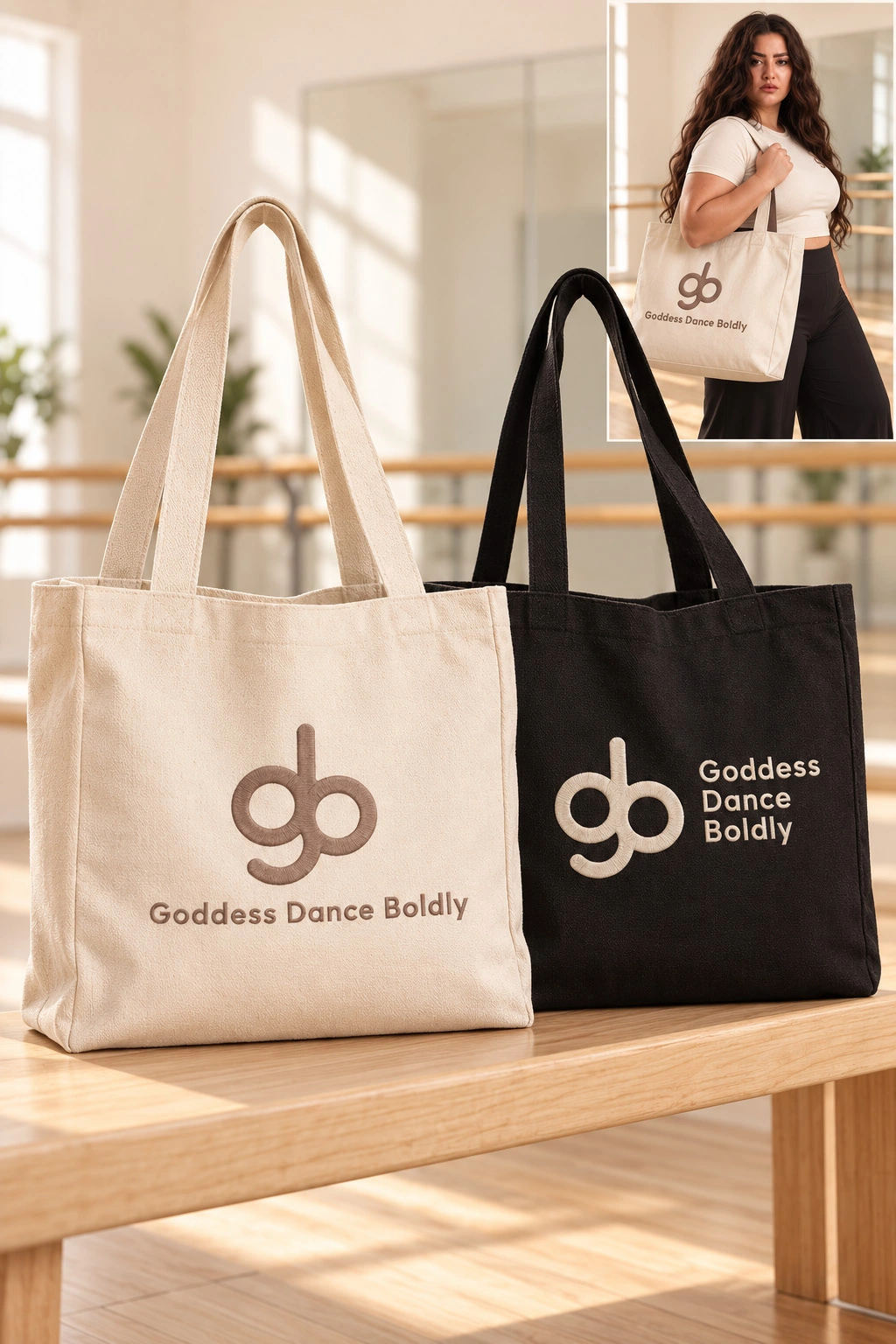 Giulia Di Bartolomeo: mockup di tote écru e nera con monogramma GDB