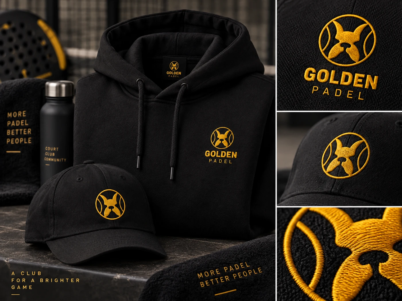 Golden Padel — mockup: Felpa, cappellino e dettagli di applicazione: la stessa identità oltre il campo.