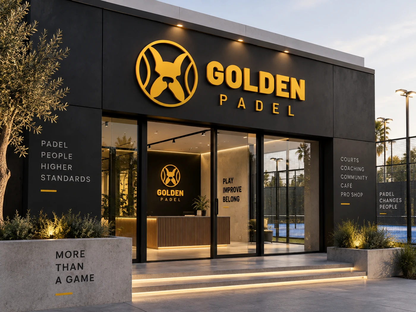 Golden Padel — mockup: Il segno e il nome del club nella proposta di insegna.