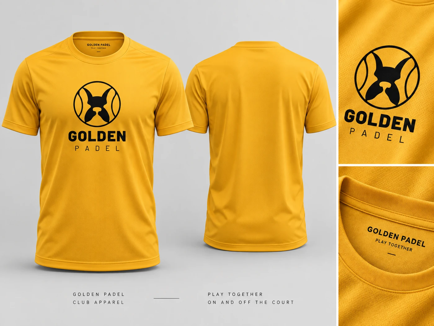 Golden Padel — mockup: Composizione fronte e retro, con dettagli del marchio.