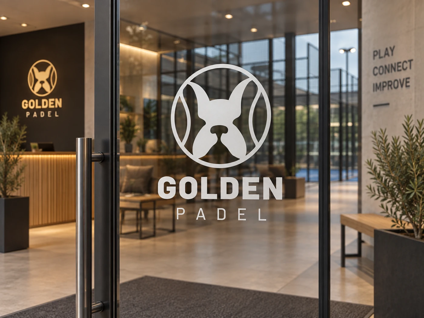 Golden Padel — mockup: Il marchio in versione chiara applicato al vetro.
