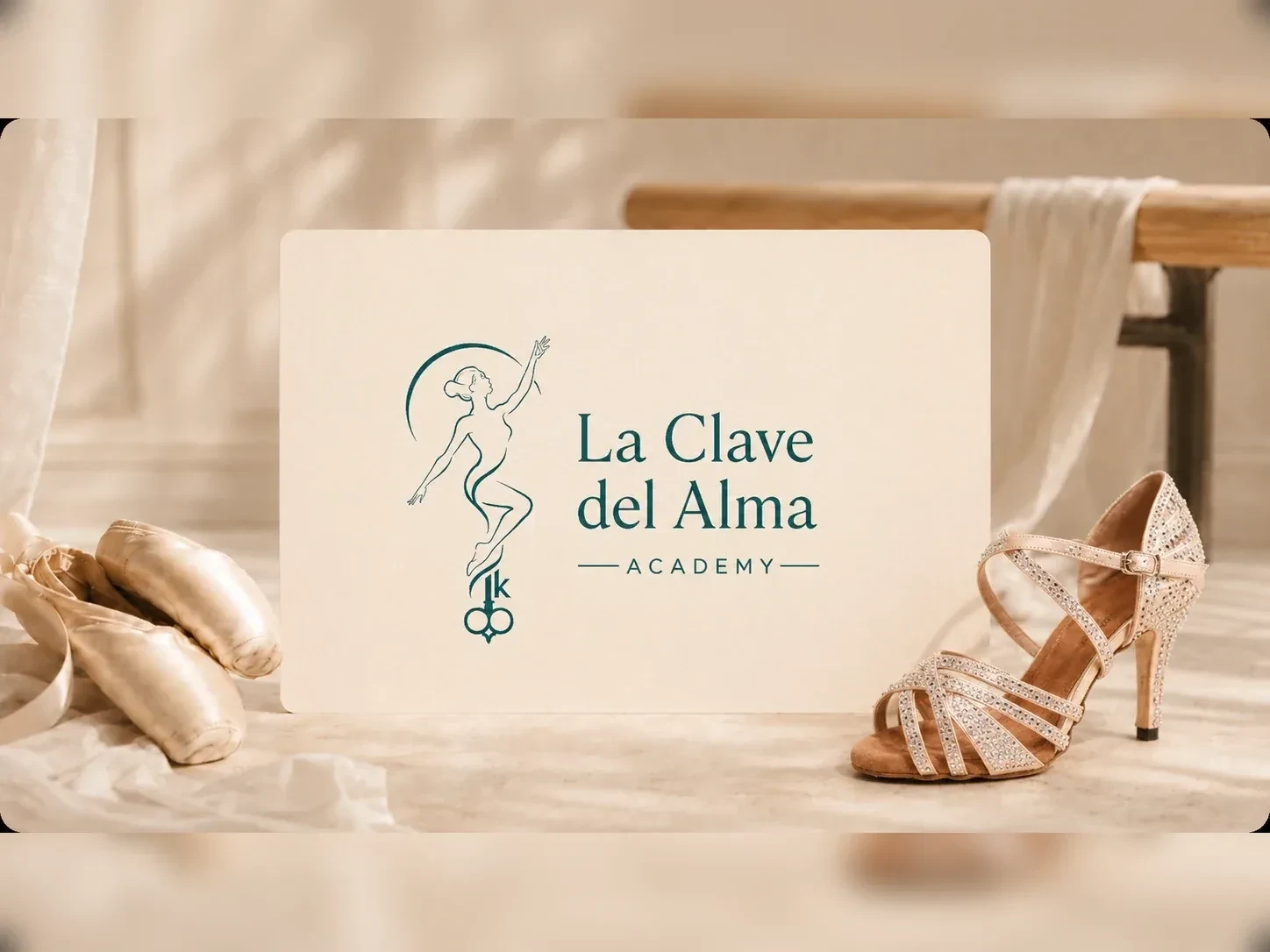 La Clave del Alma: mockup di presentazione del marchio tra scarpe da danza