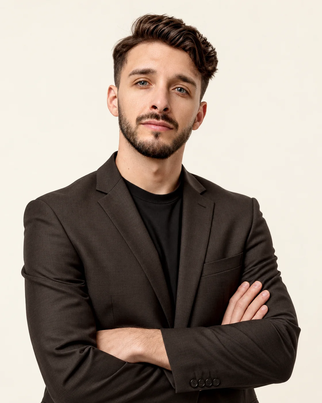 Manuel Paoloni, graphic designer a Roma, in giacca scura su fondo avorio
