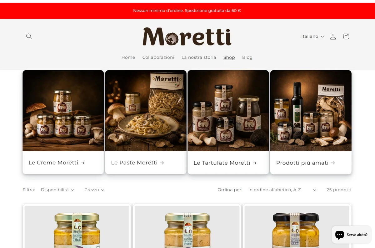 Moretti — La sezione shop: i prodotti organizzati in una vista dedicata.