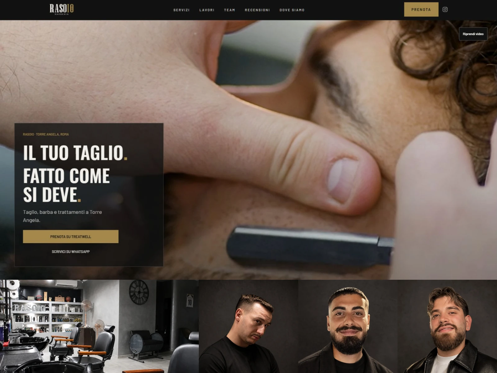 Rasoio Barberia: homepage del sito, interno del locale e ritratti di Francesco, Andrea e Alessio