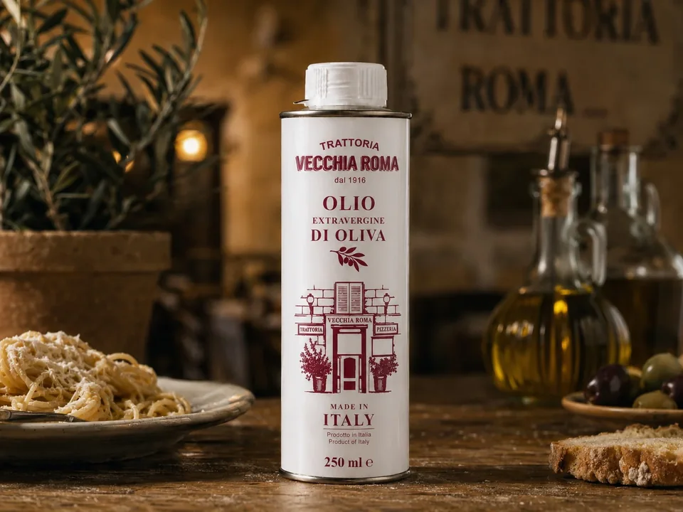 Vecchia Roma: visualizzazione della lattina di olio EVO nell’atmosfera della trattoria