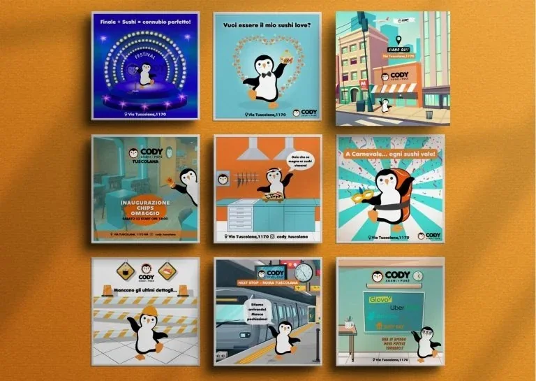 Griglia di visual social illustrati per Cody Sushi