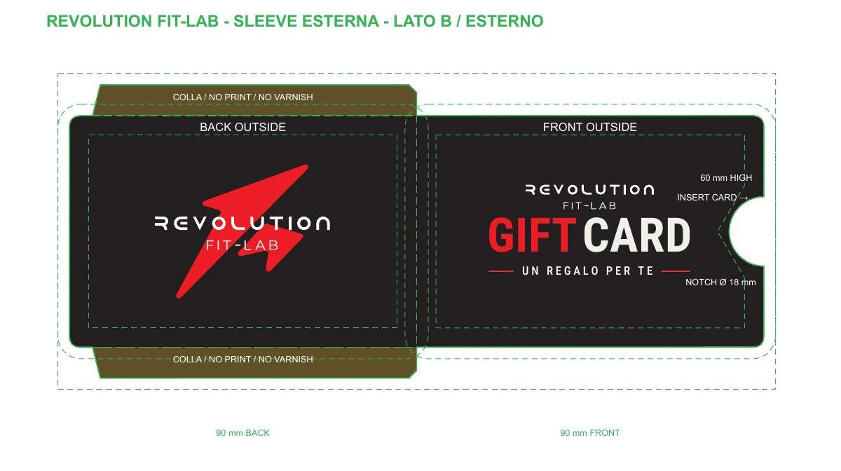 Revolution Fit Lab: tavola tecnica della custodia gift card con linee di piega e taglio