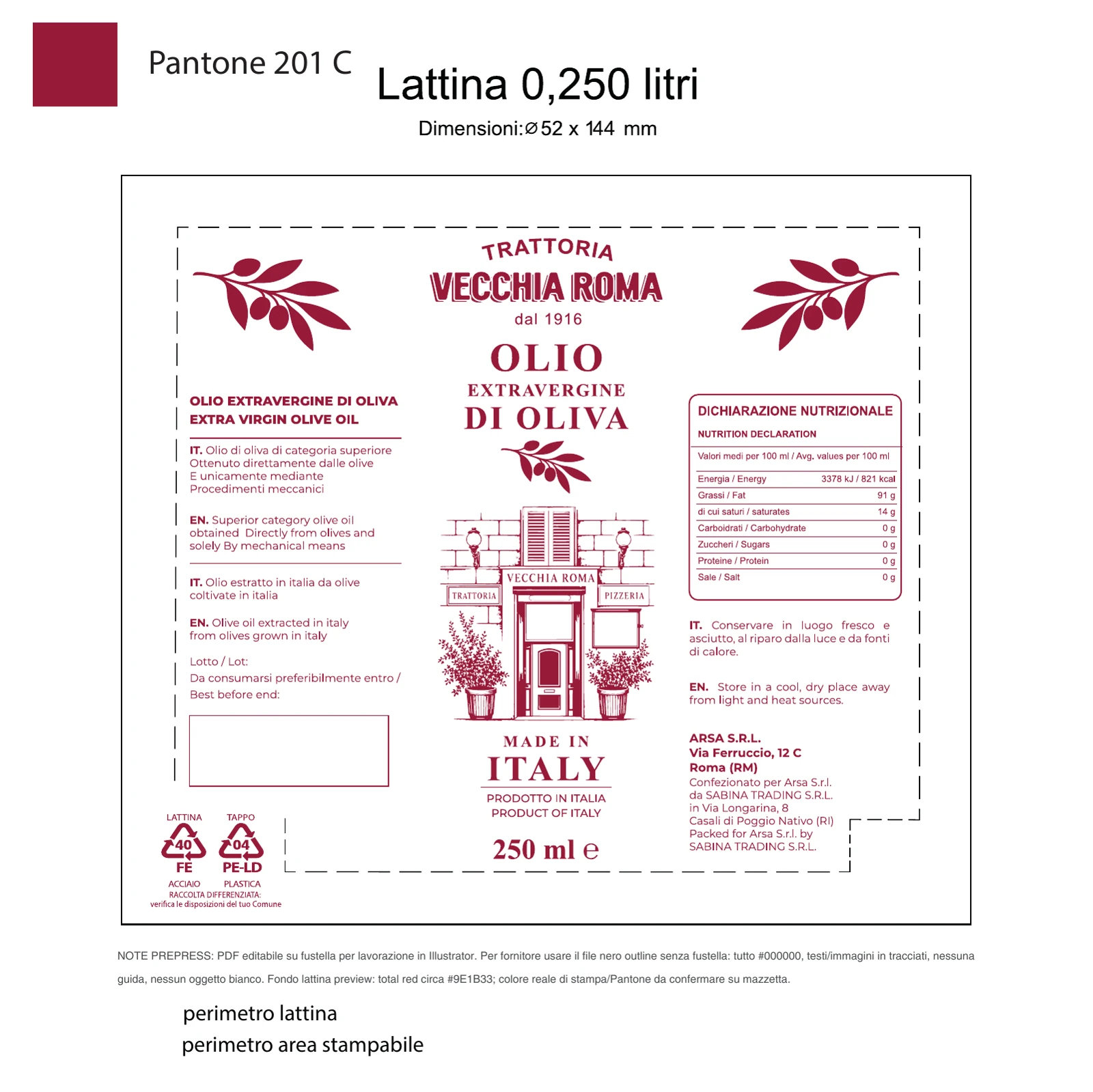 Vecchia Roma: tavola della grafica per lattina di olio extravergine da 250 ml