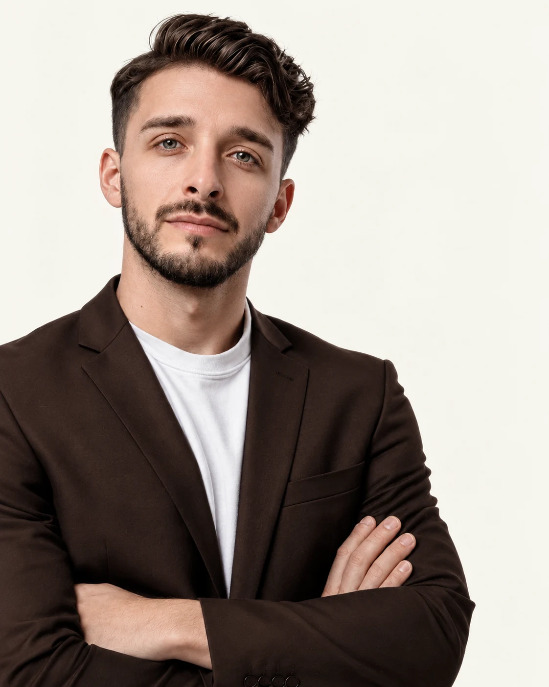 Manuel Paoloni in giacca marrone e maglietta bianca su fondo avorio